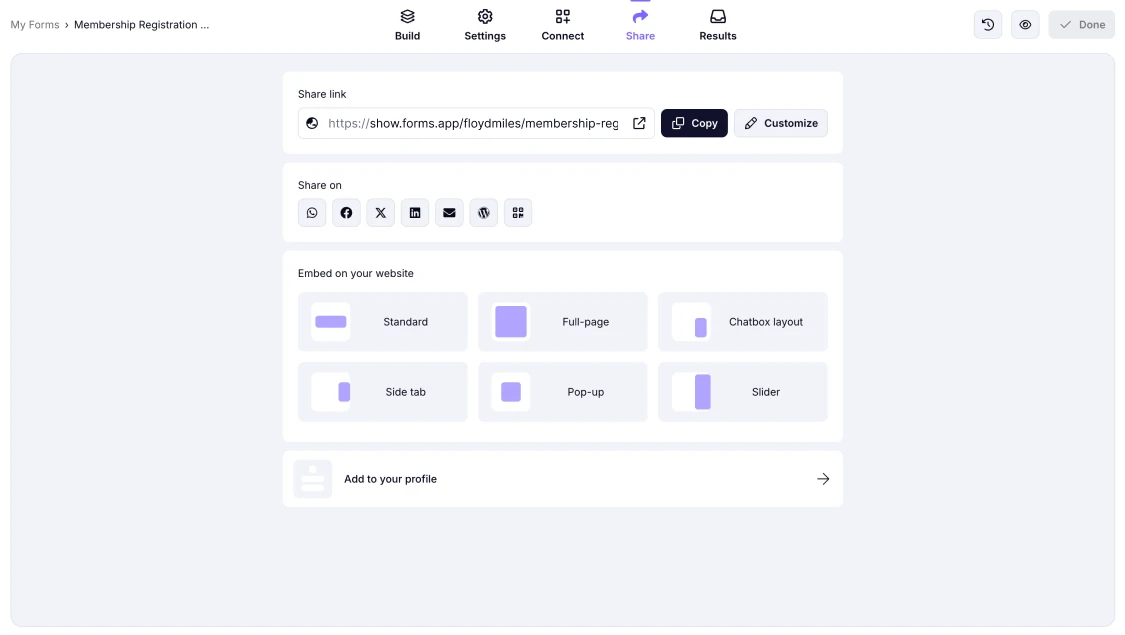 An image showing the Share section of your form