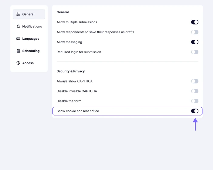 An image highlighting the enabled "Show cookie consent notice" toggle in the Security & Privacy section