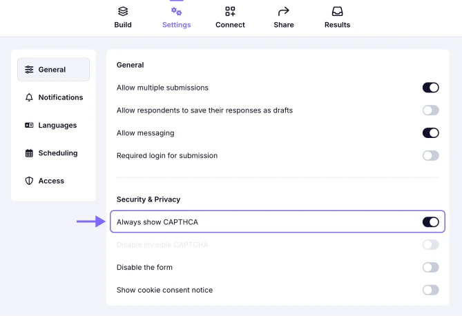 An image showing the Always show CAPTCHA toggle in the Settings tab of your form