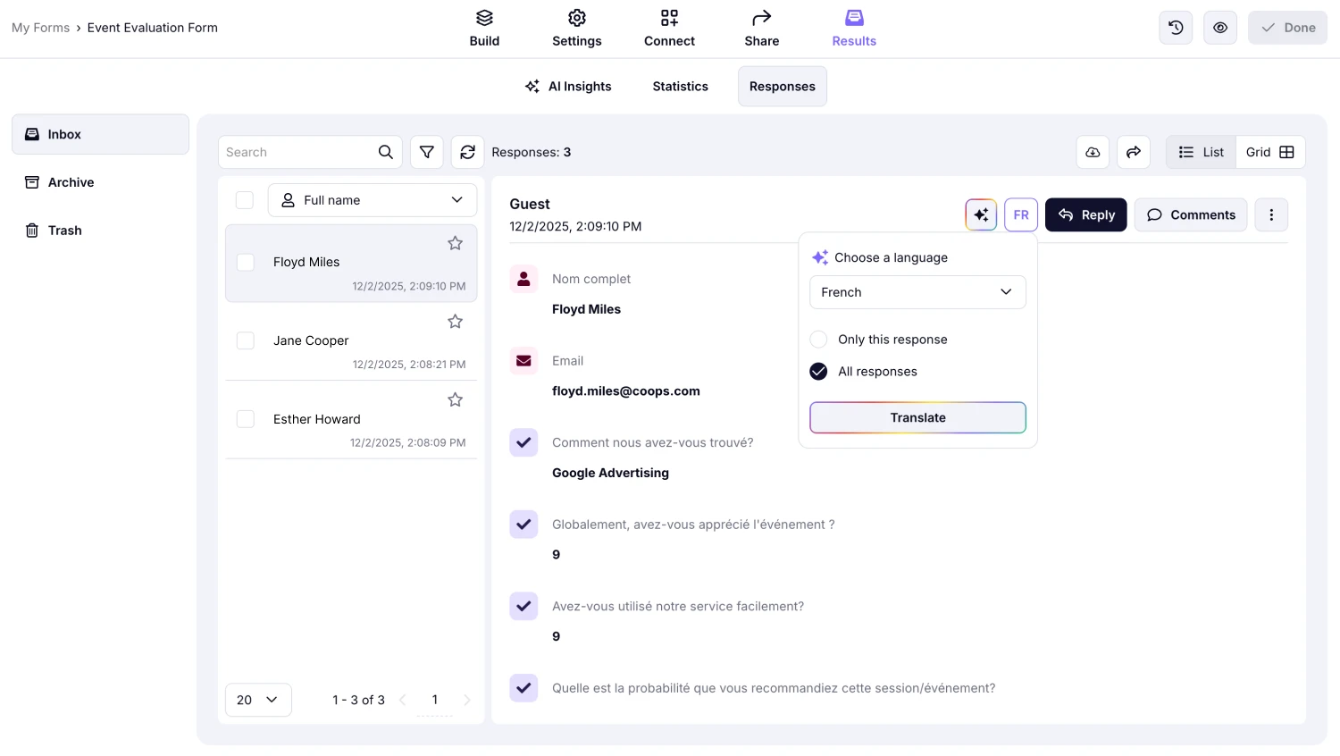 A screenshot showing the AI translation options