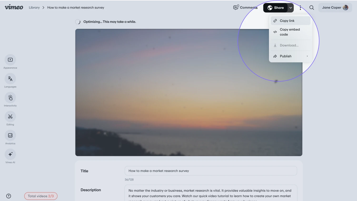 An image showing the “Share” and the “Copy link” buttons that you should click to get the video link from the “Vimeo” platform