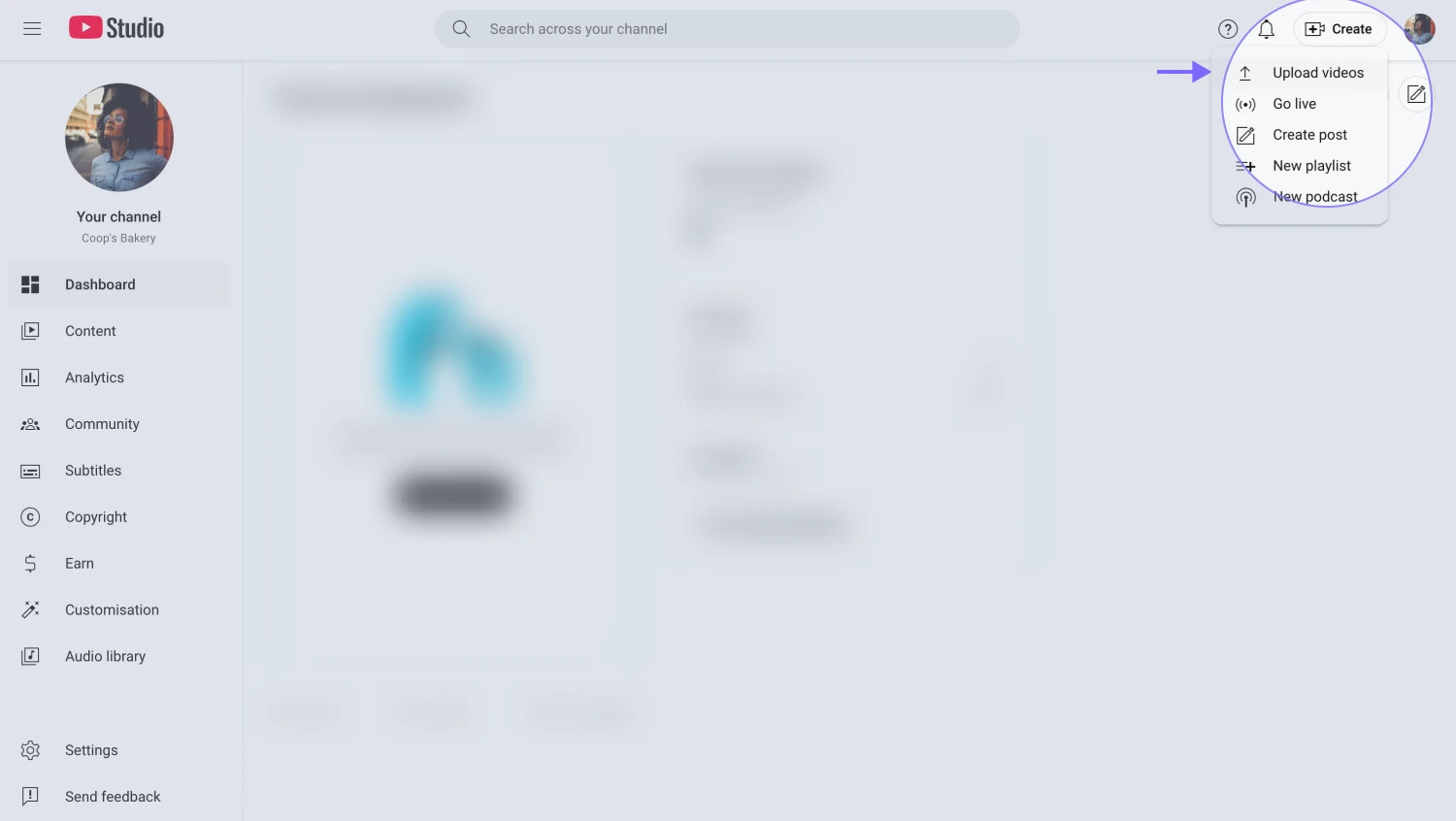 An image showing the “YouTube Studio” option that you need to select once the profile menu is opened