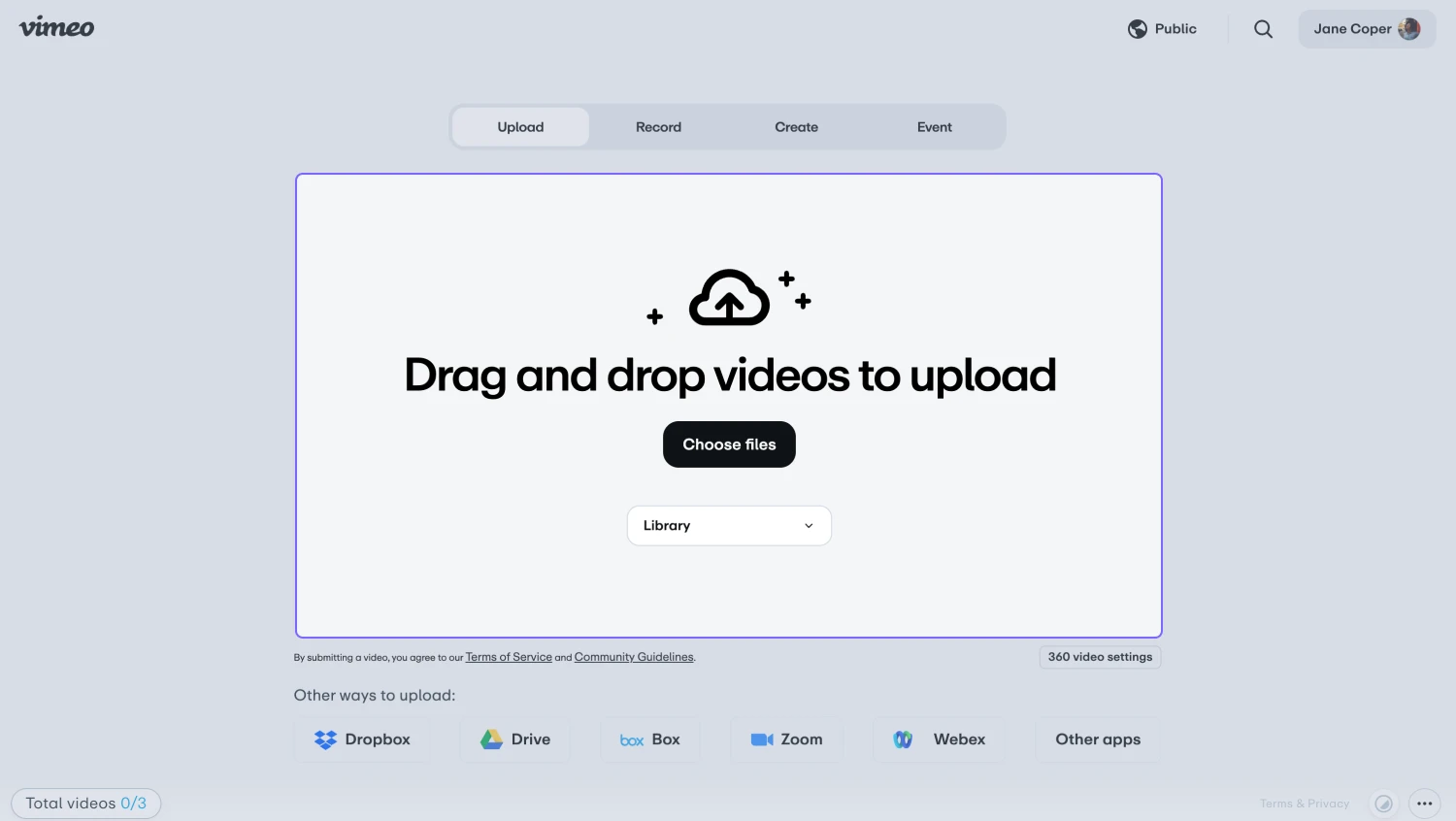 An image showing the upload page of the Vimeo platform, where you will be redirected