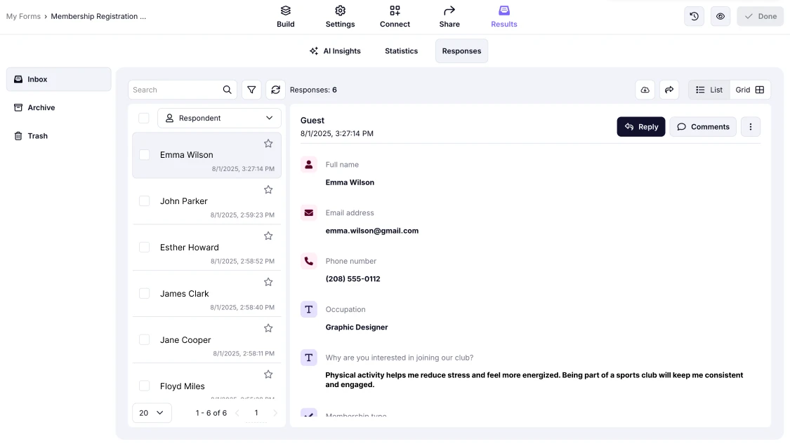 An image showing the List view type for reviewing your form responses