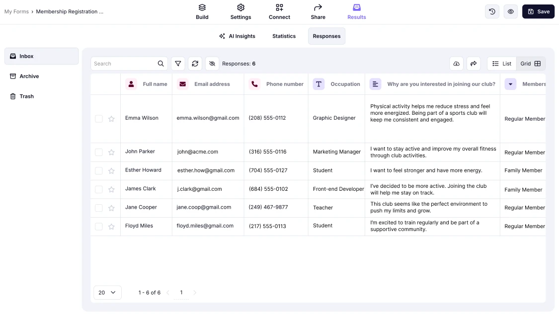 An image showing the Grid view type for reviewing your form responses