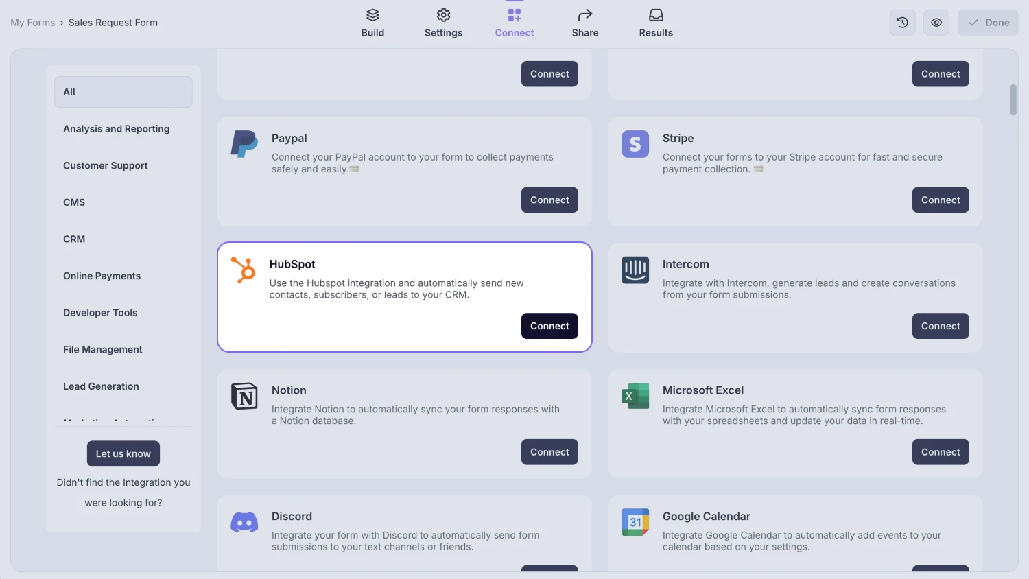 An image showing the “HubSpot integration” button, which you can easily find by accessing the “Connect” tab