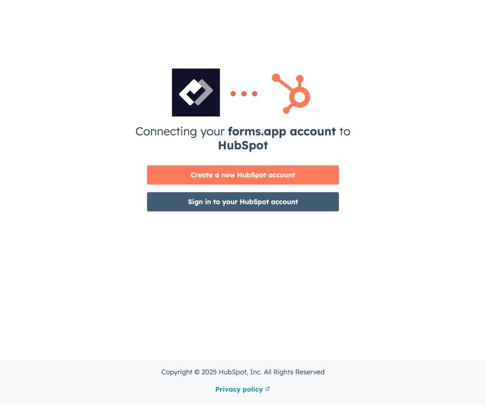 An image showing a pop-up that appears once you click the “Connect with HubSpot” button