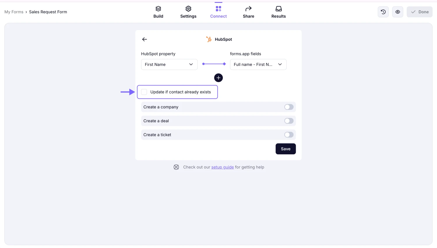 An image showing the “Update if contact already exists” checkbox, which you need to click if you want to update contacts if they have already registered