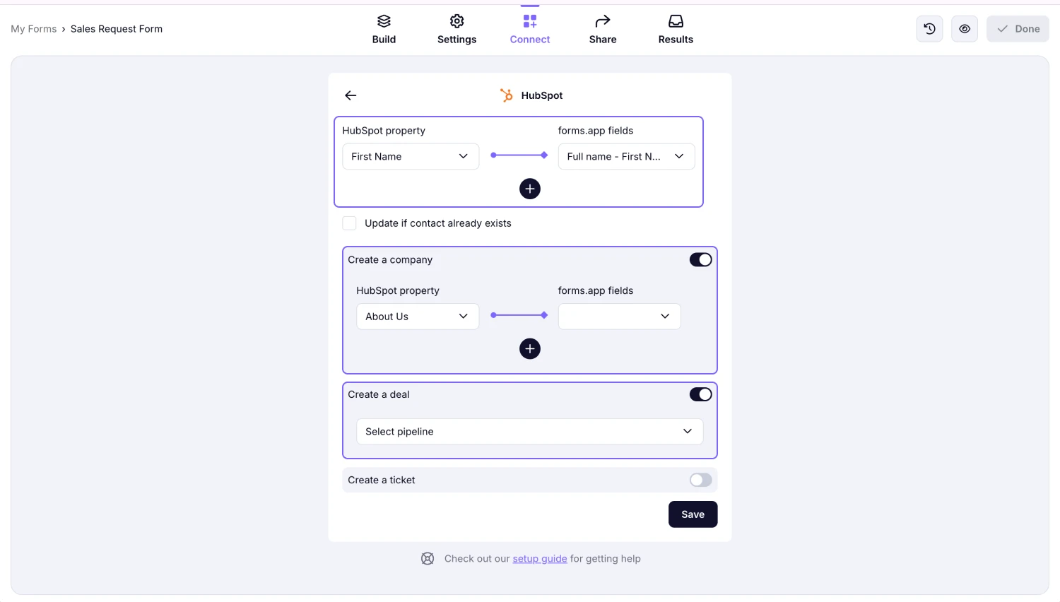 An image showing the options of creating a company and a deal if needed