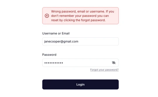 An image showing an example of a warning message when you enter the incorrect username or email address