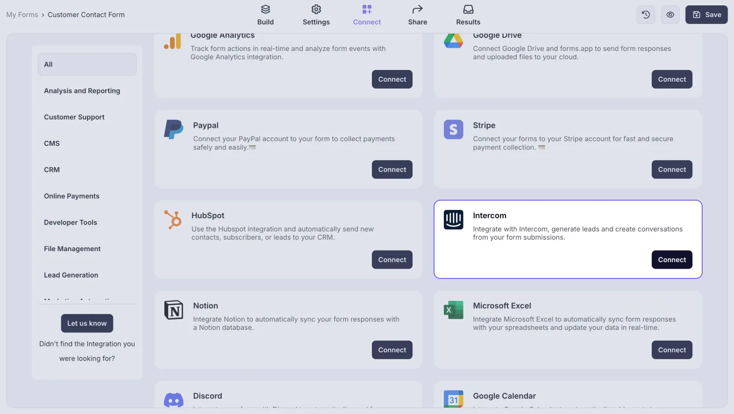 An image showing the “Intercom integration” button, which you can easily find by accessing the “Connect” tab