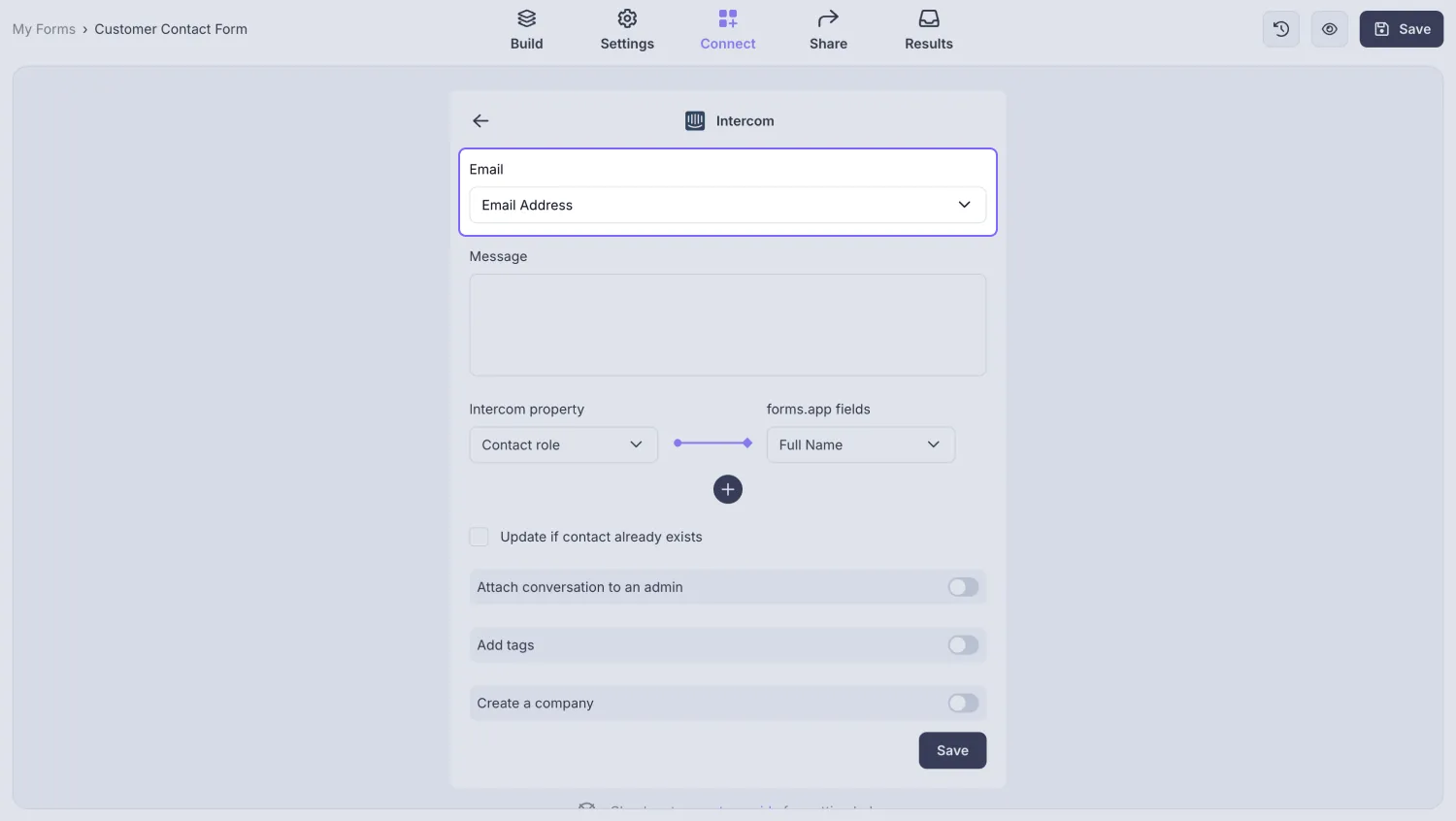 An image showing the area where you will need to match the properties of Intercom with the needed form fields