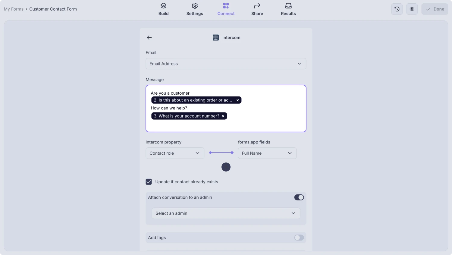 An image showing the “Message” area, where you can enter your text message and include fields from your form