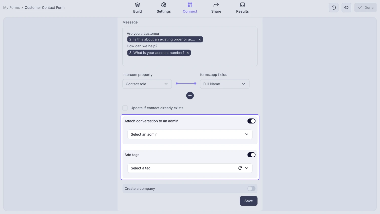 An image showing toggles below which allow you to assign conversations to a specific user, add tags to conversations, and create a company