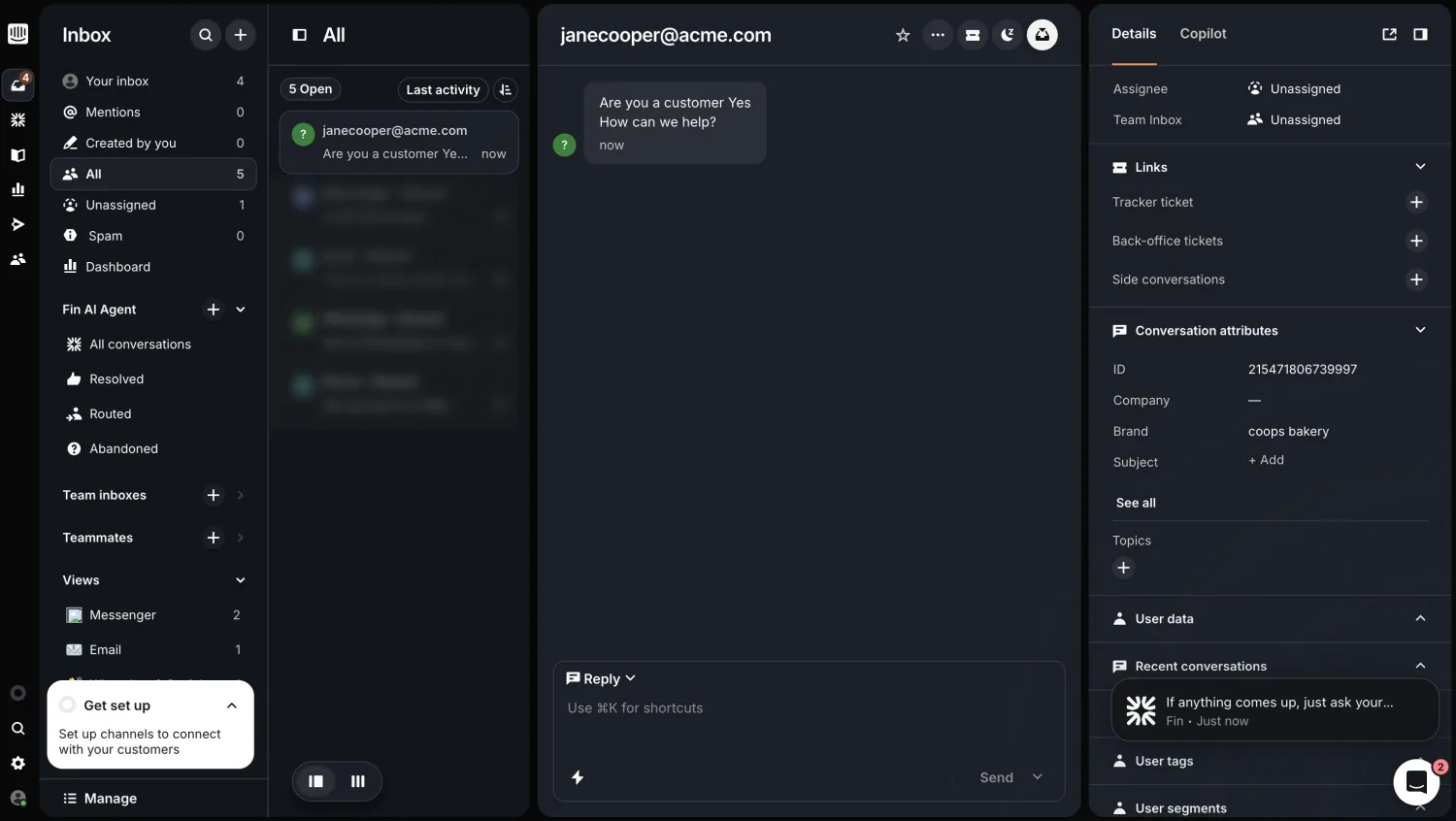 An image showing an example of the message received in the Intercom space after testing the integration
