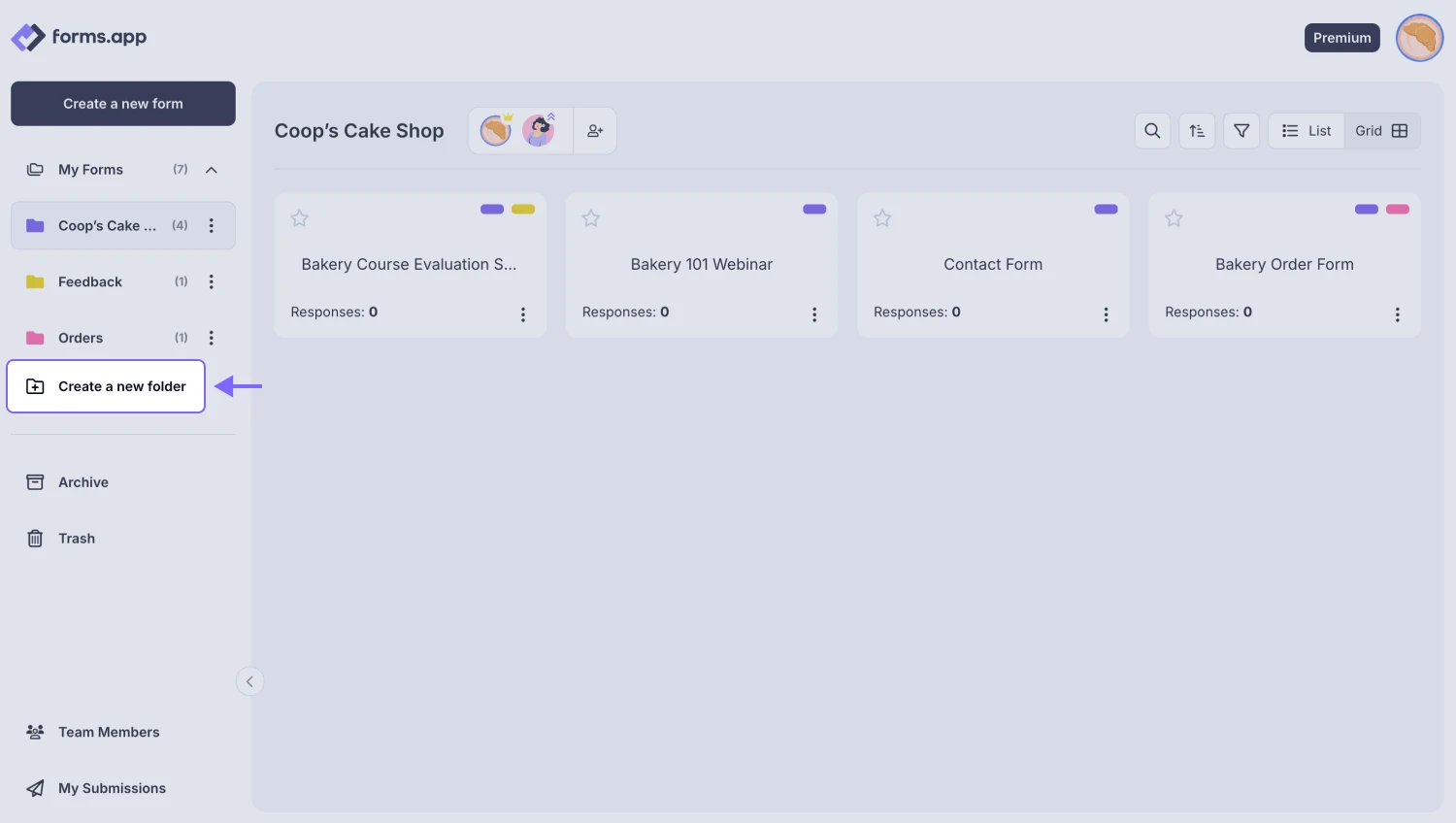 An image showing the “Create a new folder” button, which you need to click to add a new form folder