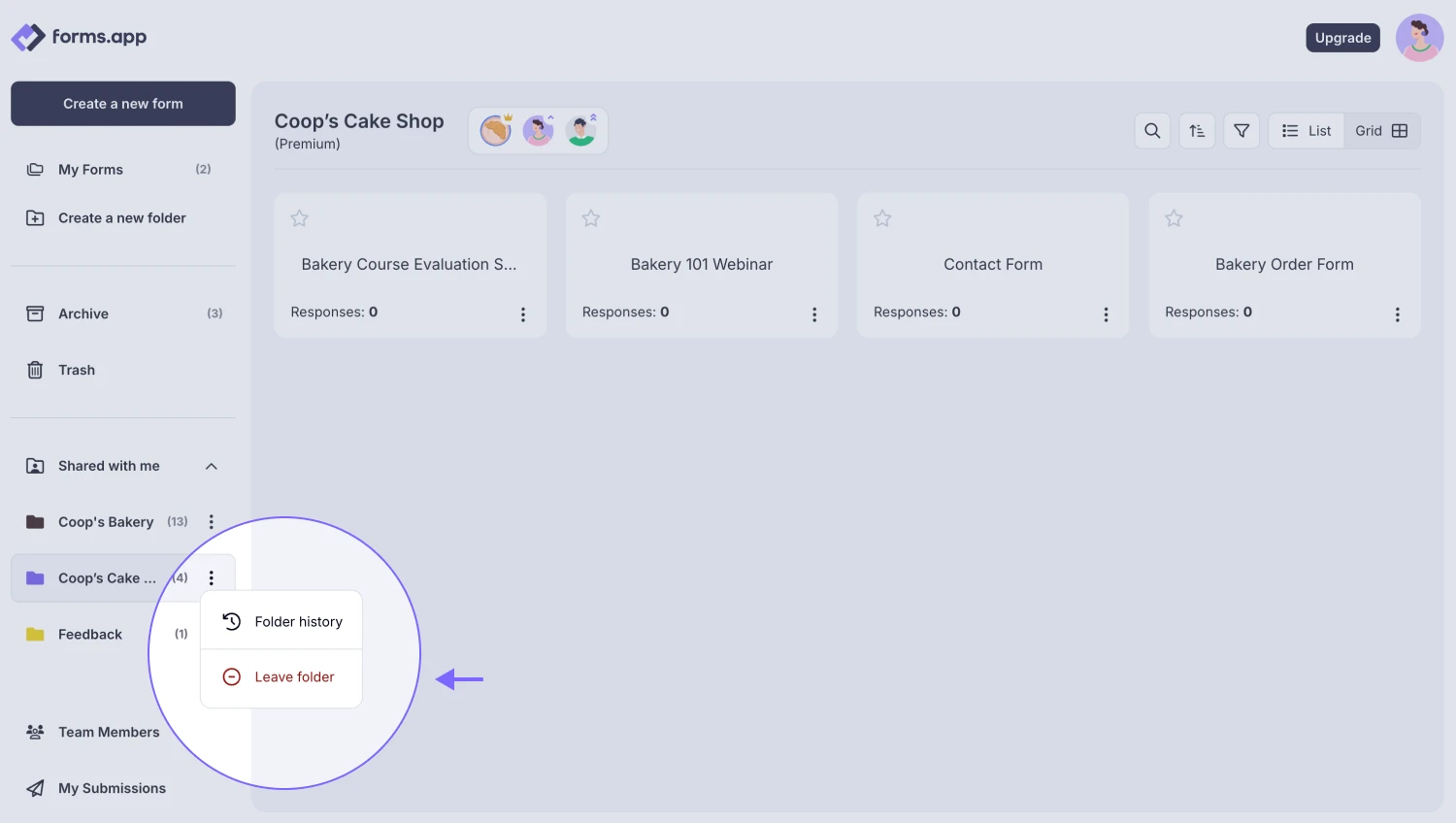 An image showing the “Leave folder” button, once you press the three-dot menu on the folder you wish to leave from the “Shared with me” panel