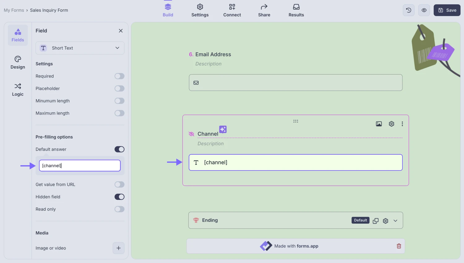 An image showing the entered default value text, “[channel]” as our example