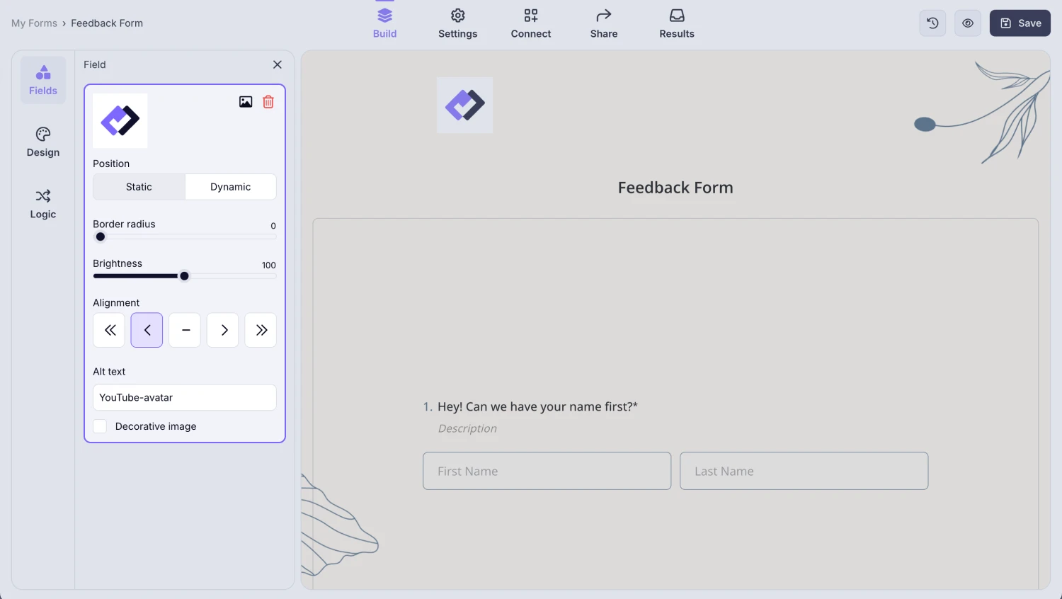 An image showing the settings of the “Logo” field that you can adjust anytime