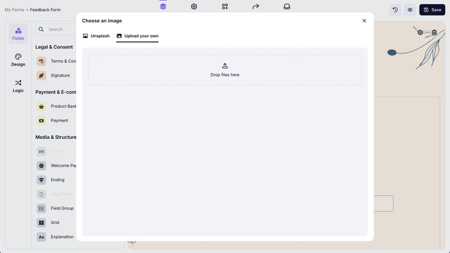 An image showing the pop-up where you can upload the cover image from your device or choose one from the “Unsplash” platform