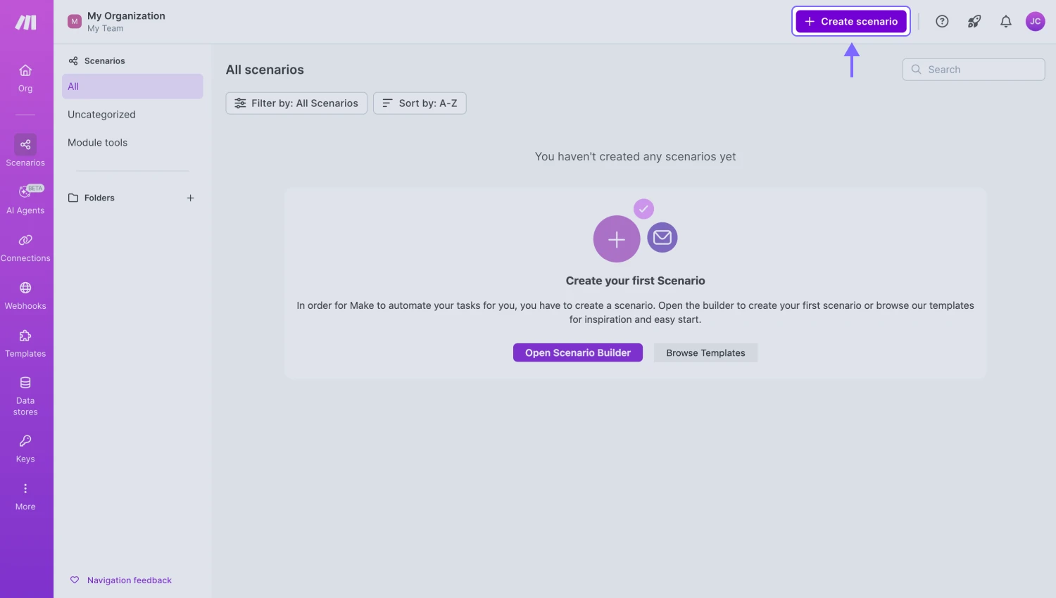 An image showing the “Make” Dashboard and the “+Create scenario” button you need to click