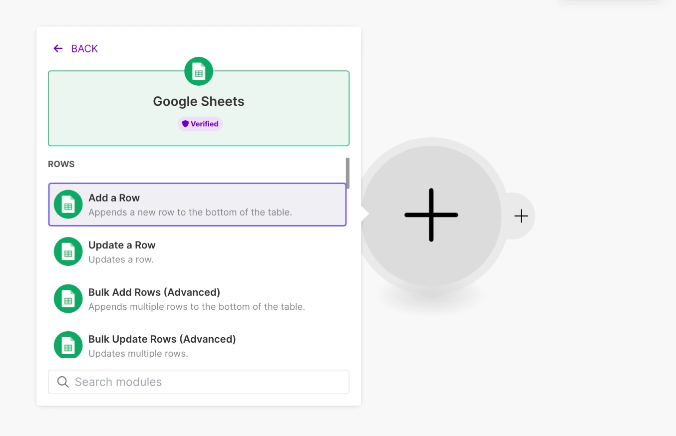 An image showing the selected “Google Sheets” tool and the “Add a Row” option