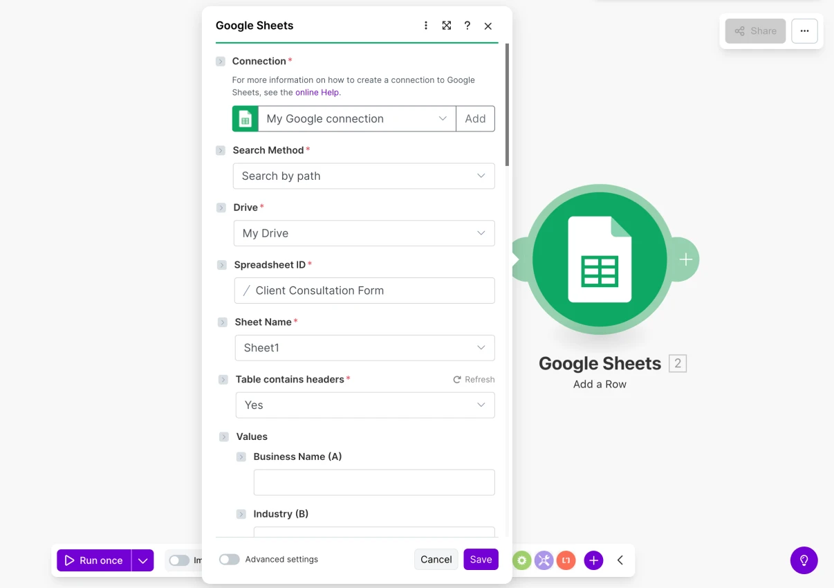 An image showing the area where you will need to select a sheet and match your form properties with the properties in the connected app