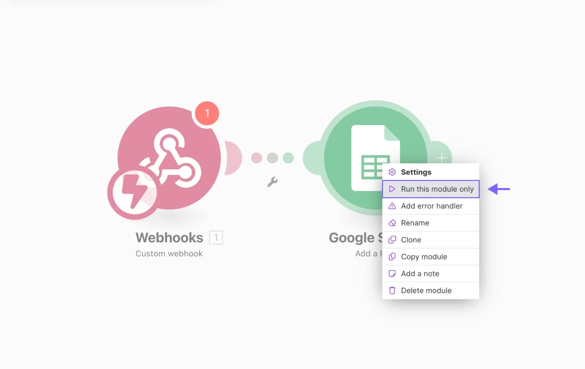An image showing the “Run this module only” button, which allows you to test your module