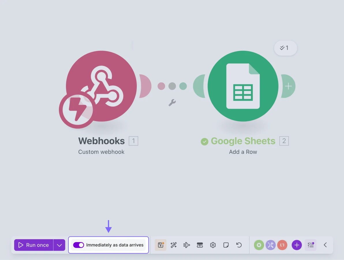 An image showing the “Immediately as data arrives” toggle that triggers the workflow once you receive the data