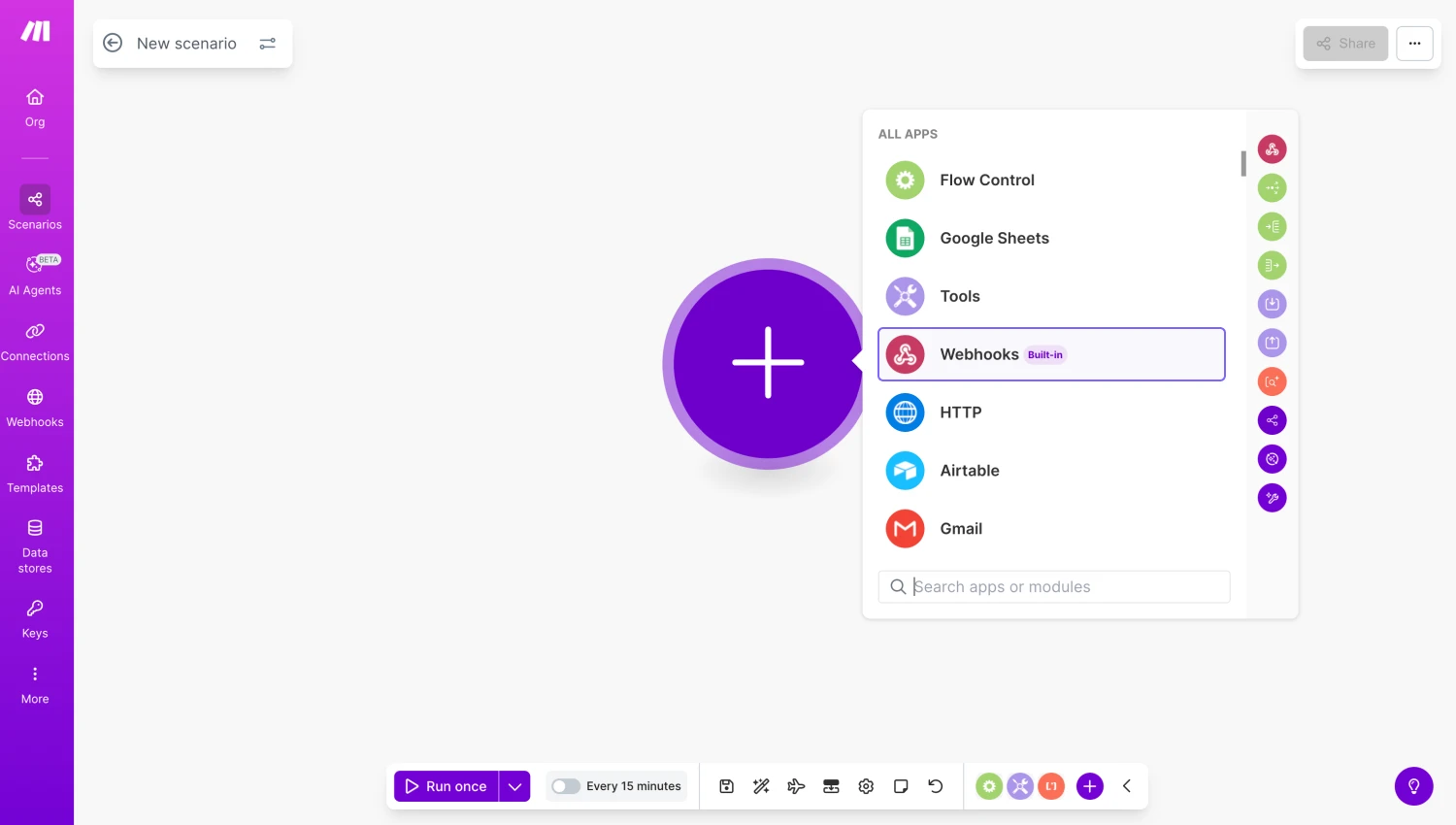 An image showing the “plus” icon you need to click and the “Webhooks” option that needs to be selected