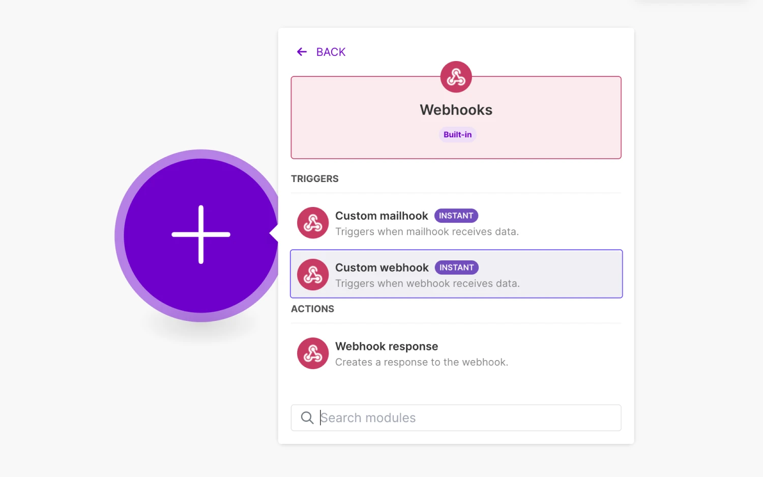 An image showing the “Custom webhook” option that you need to click