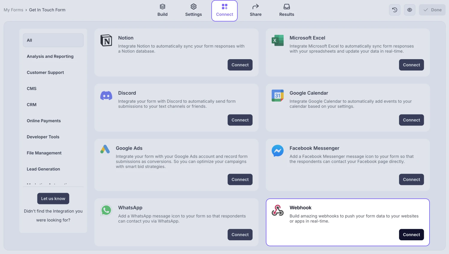 An image showing the “Webhook” option from the integration options in the “Connect” section