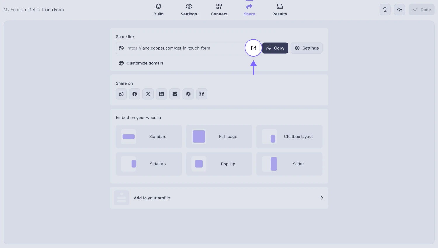 An image showing the forms.app “Share” section, where you can find your form URL and open your form directly