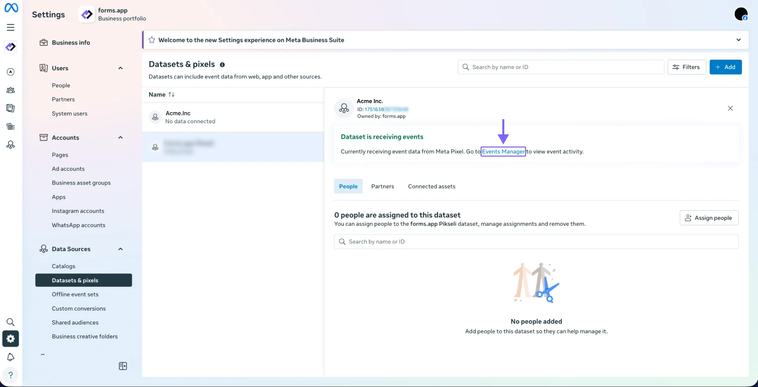 An image showing the “Events Manager” button in the “Datasets &amp; Pixels” tab, where you can open the page to check the status of your pixels