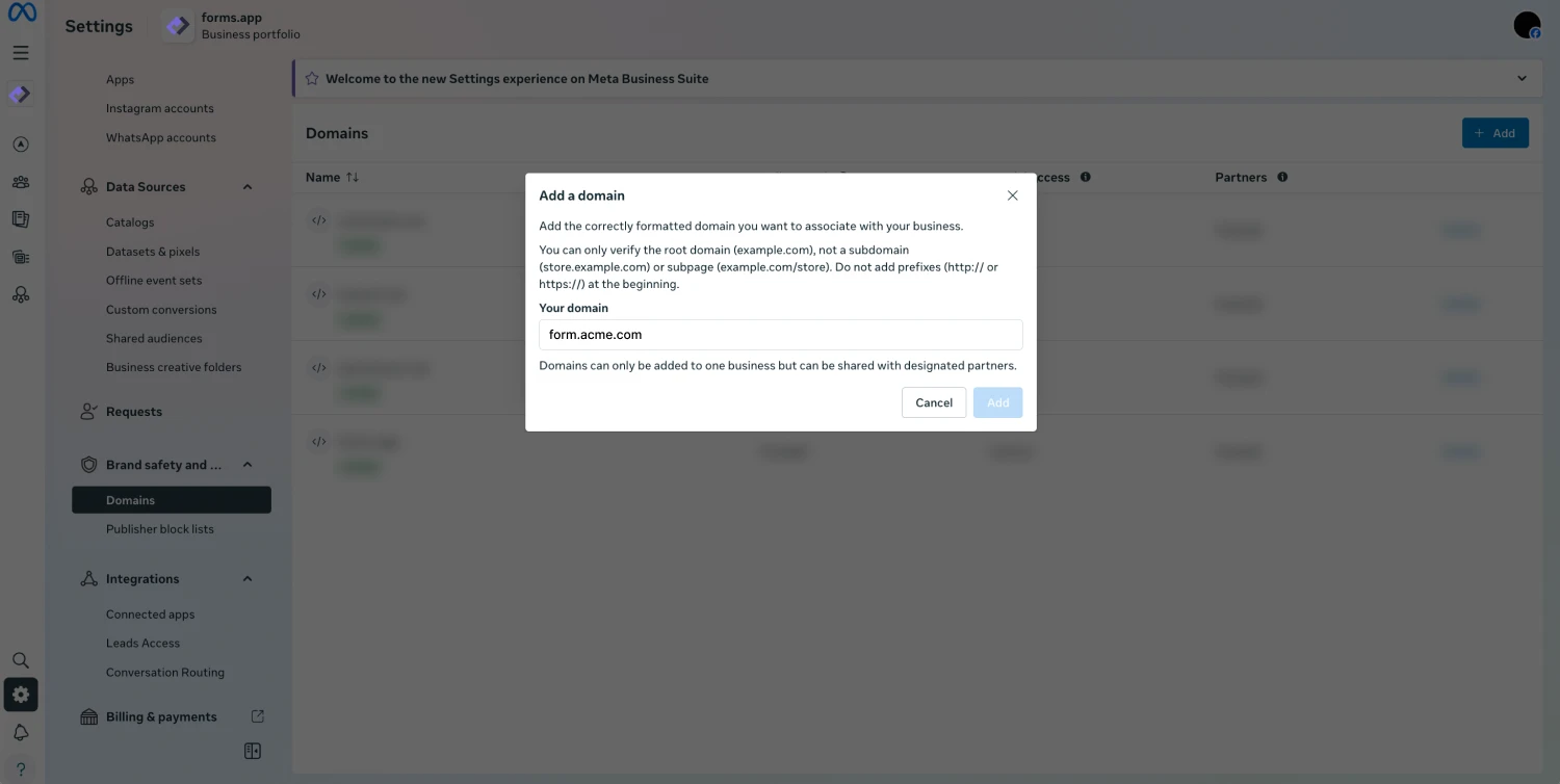 An image showing the pop-up appearing, which allows you to enter the domain name you have registered for your forms on forms.app