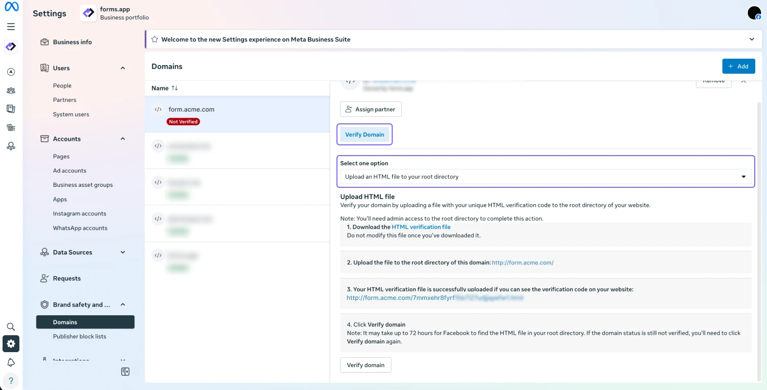 An image showing the dropdown menu under the “Verify domain” area, where you need to select the “Upload an HTML file to your root directory” option