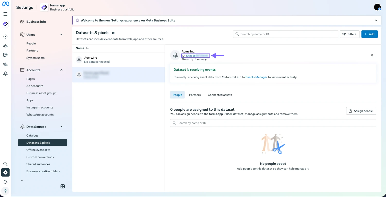 An image showing the area on the screen, where you can view your “Pixel ID” and copy it