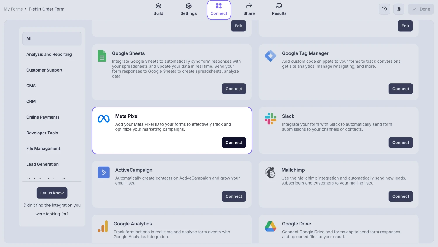 An image showing the “Meta Pixel integration” button, which you can easily find by accessing the “Connect” tab