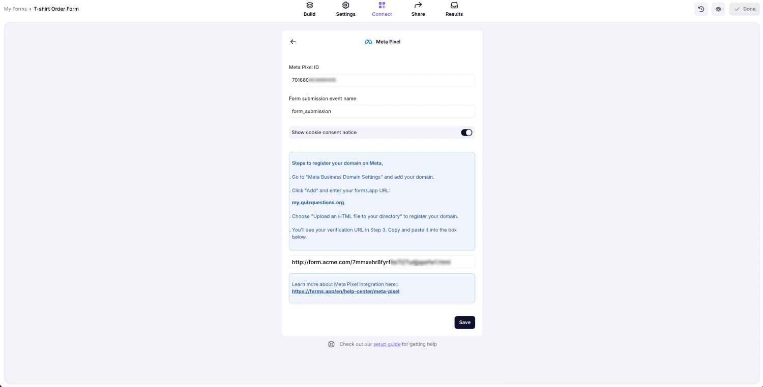 An image showing the “Connect” section in forms.app, where you can paste your “Meta Pixel ID” and enable the “Show cookie consent notice” toggle