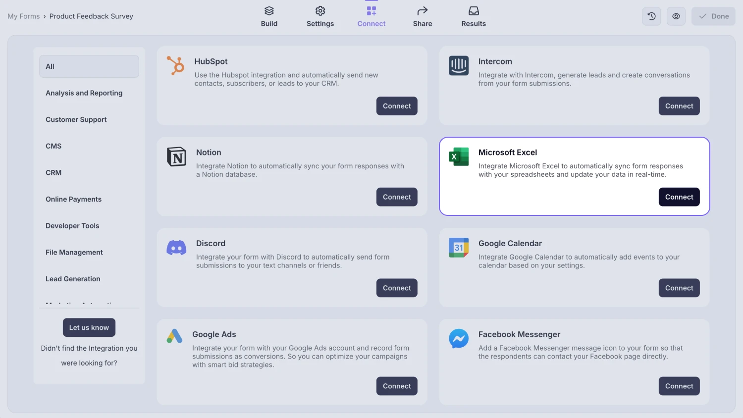 An image showing the “Microsoft Excel integration” button, which you can easily find by accessing the “Connect” tab
