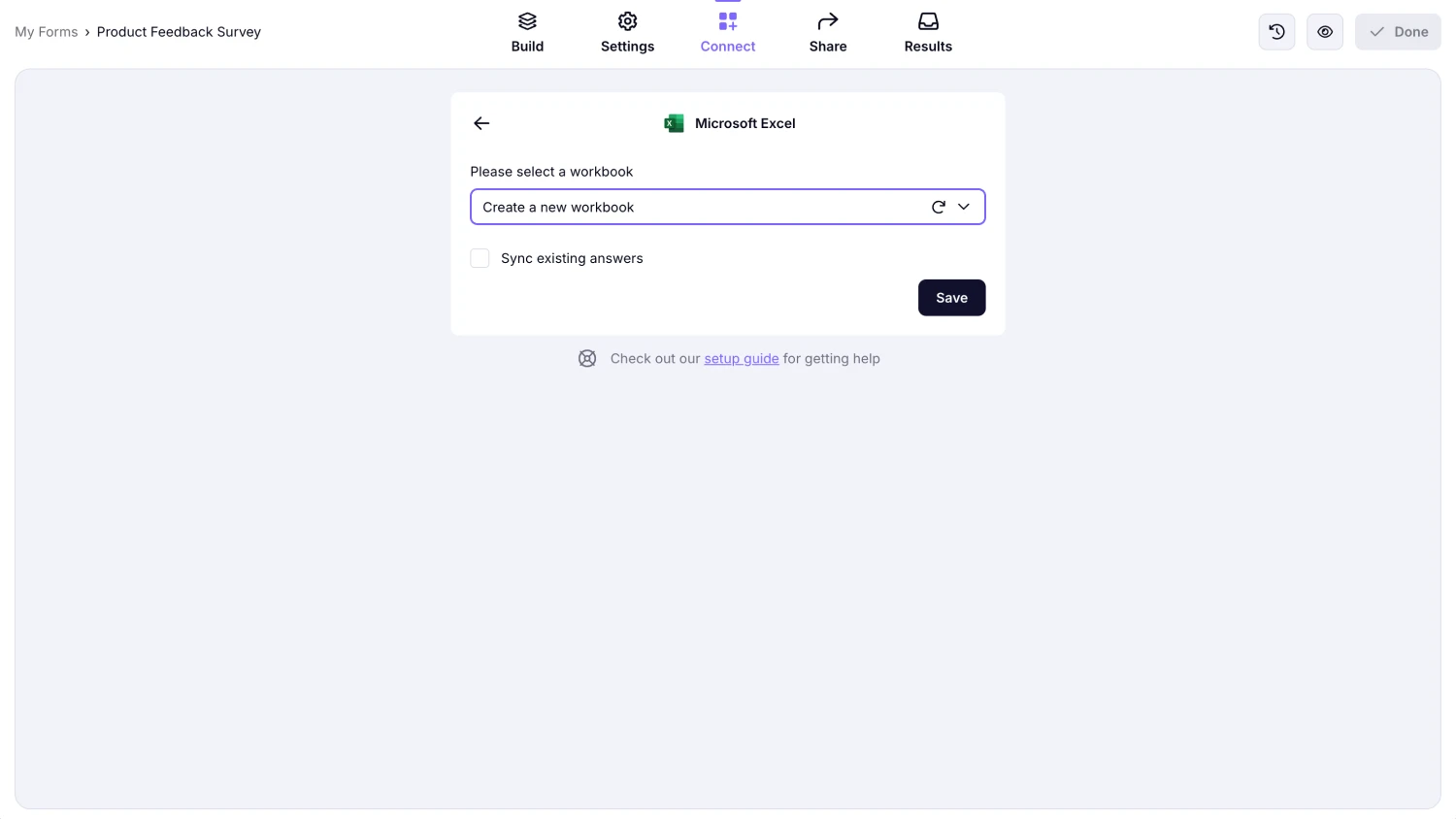 An image showing the “Create a new workbook” option, which you can keep or select an existing workbook for your future responses