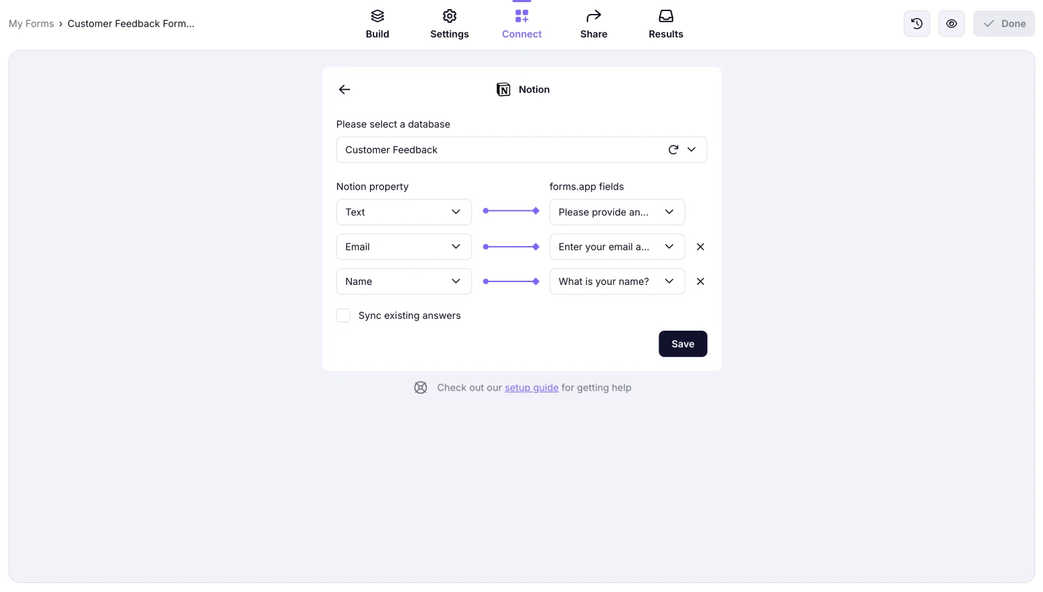 An image showing the integration settings, which allow you to match the Notion properties with your form fields