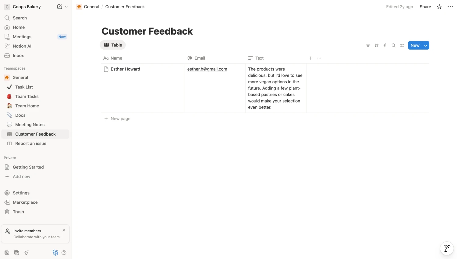 An image showing the Notion platform’s table with received form response data