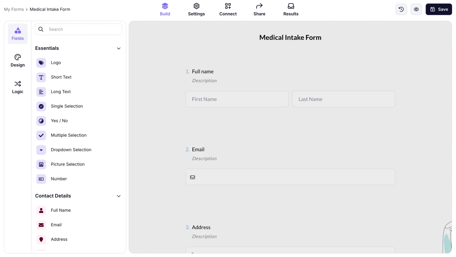 An image showing the “Build” section of the form with some added fields