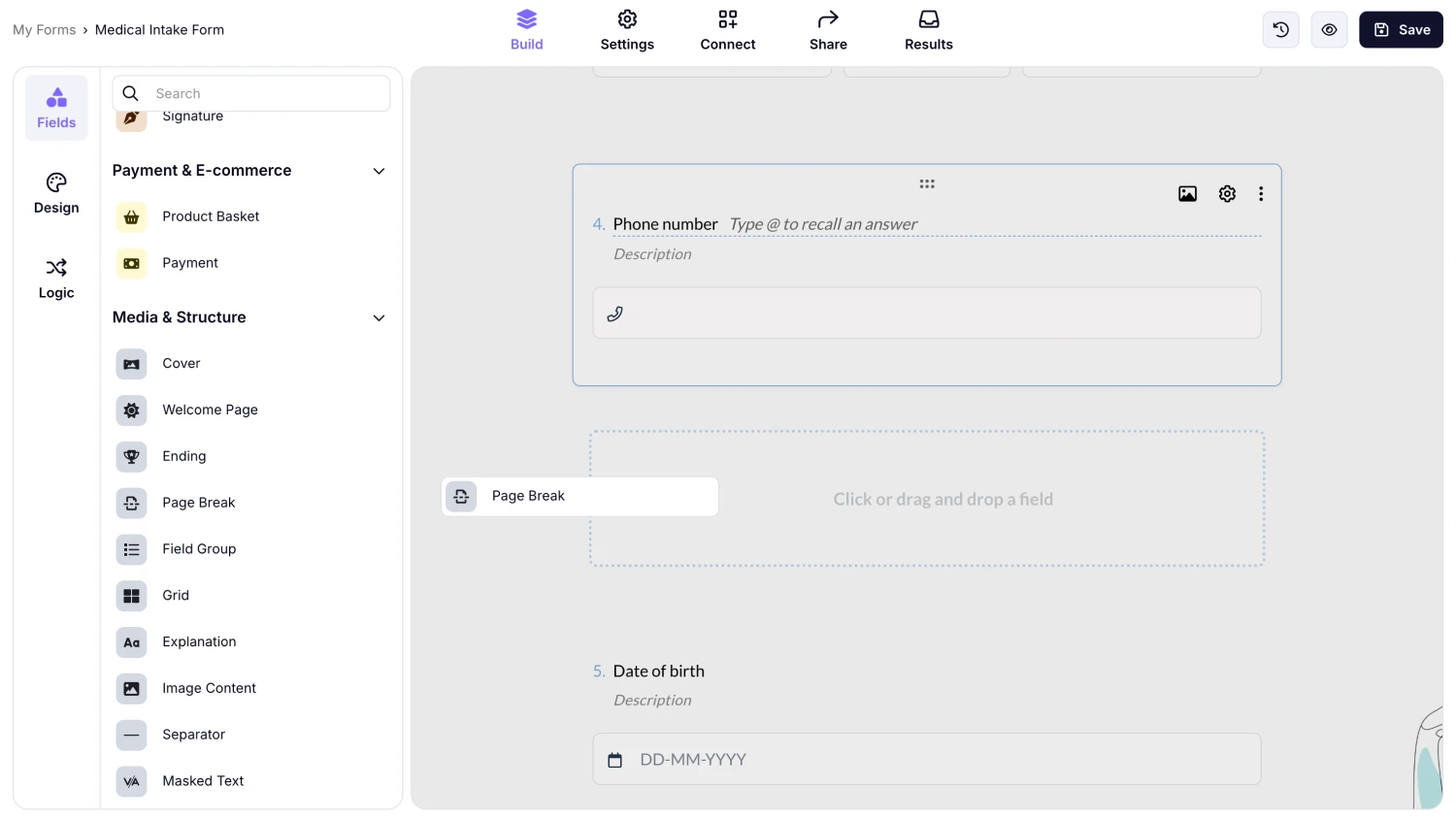 An image showing how you can find and drag&amp;drop the “Page Break” field to your form