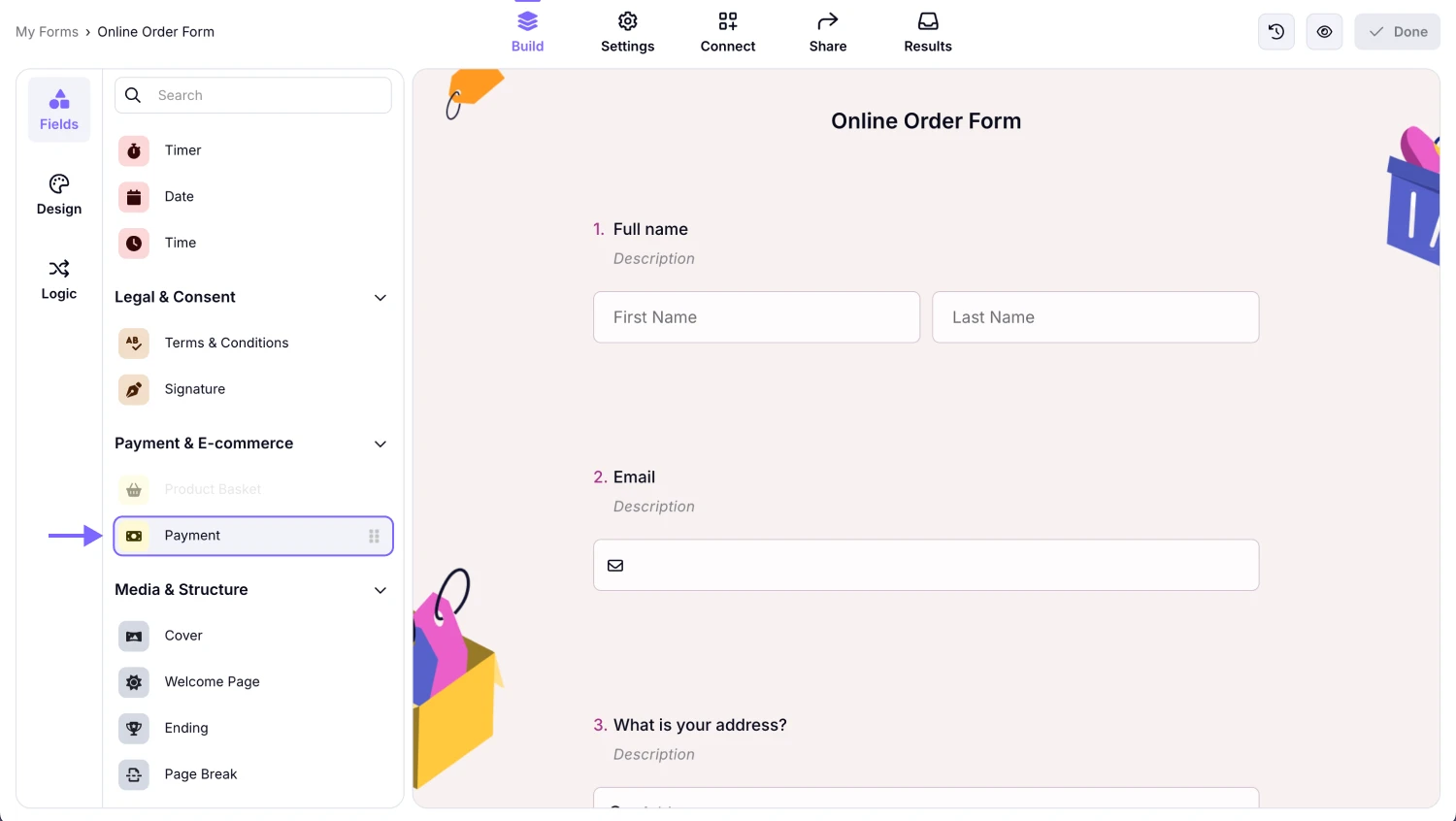 An image showing the field menu in the “Build” section, where you can select the “Payment field” option to easily add it to your form