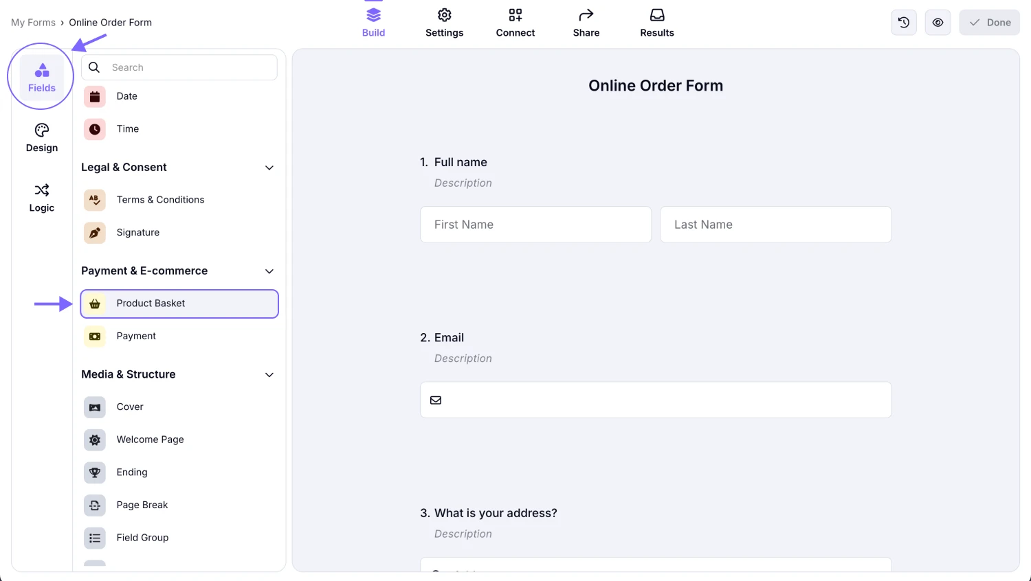 An image showing how to add the “Product Basket” field to your form from the field menu on the left