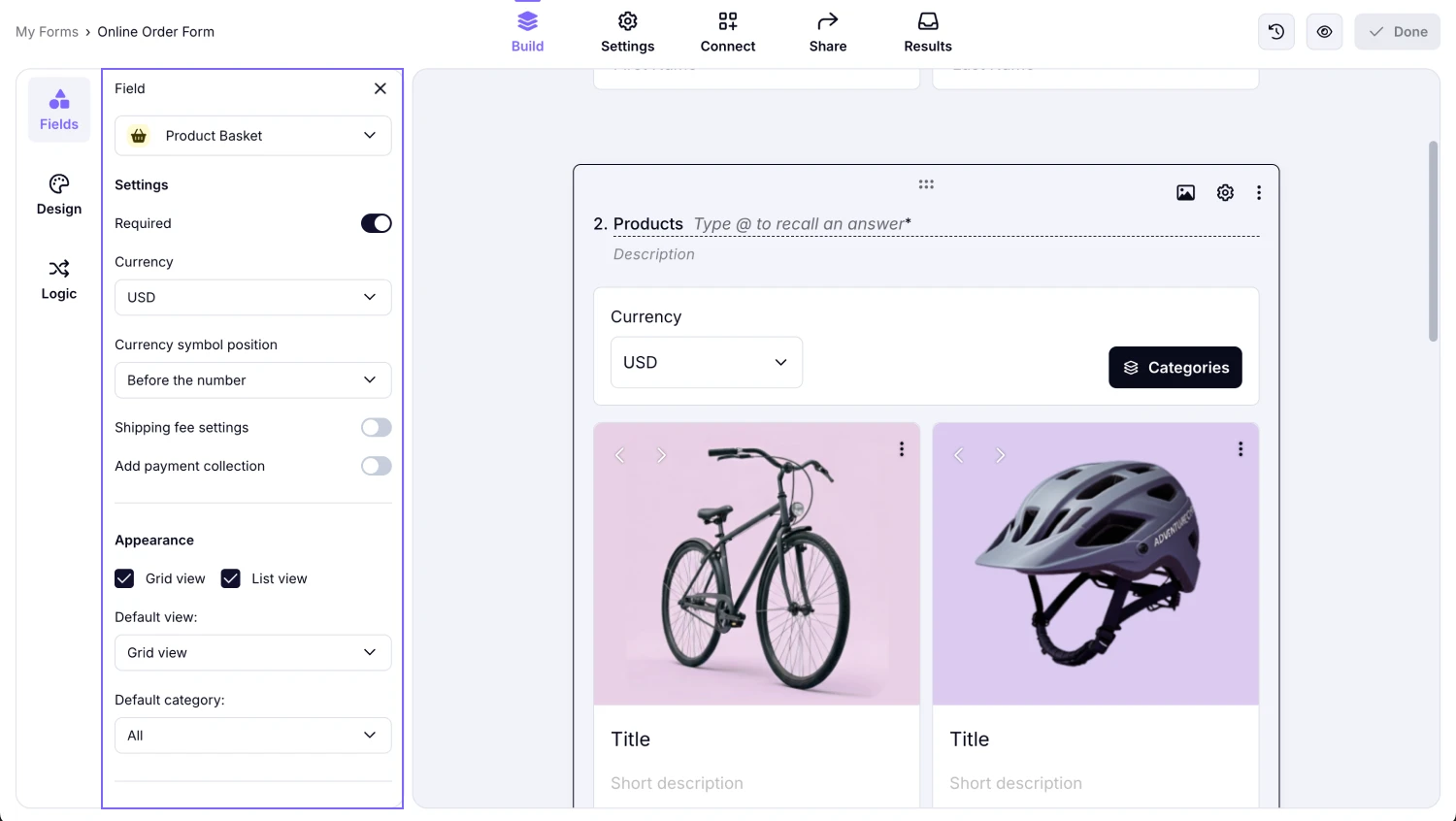An image showing how the field settings you can adjust within your “Product Basket” field