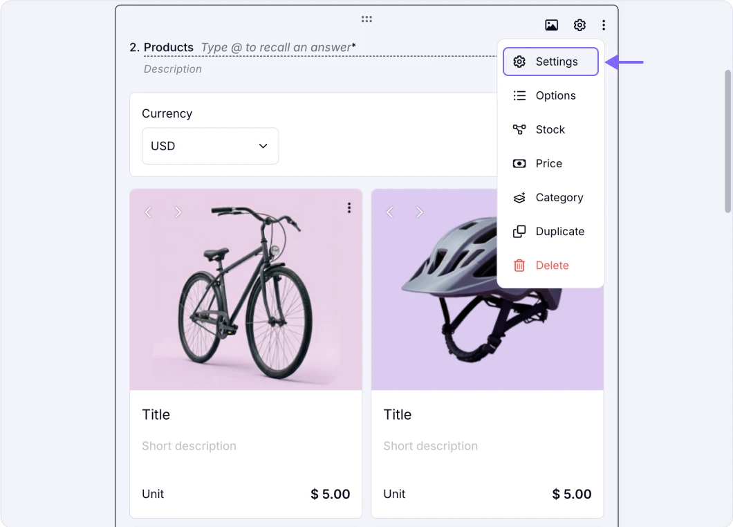 An image showing the “Settings” option you need to click to access to adjust your item further
