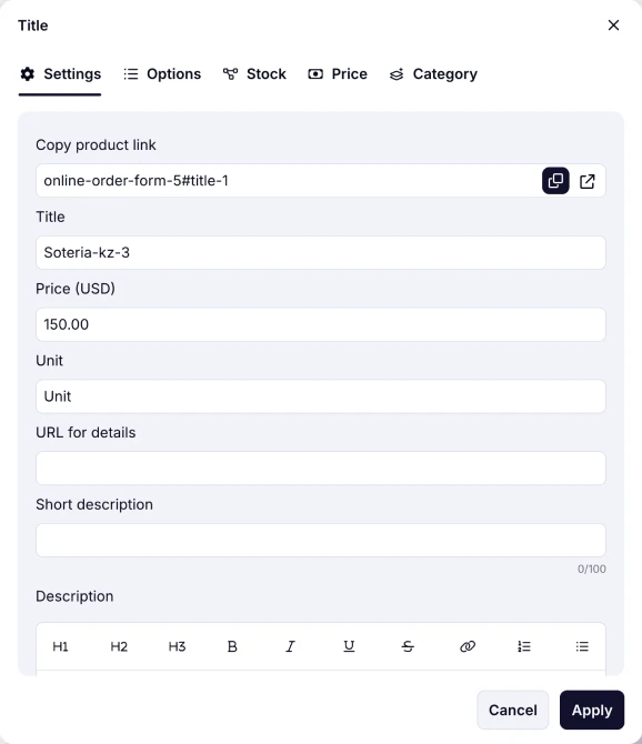 An image showing the area where you will be able to adjust many details of your product by staying in the “Settings” section